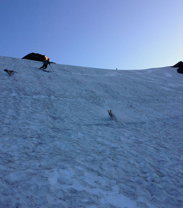 Stev skis between Abby, Penny, and Zooey